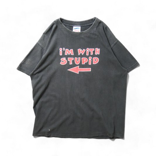 USED L Message Tee -I'M WITH STUPID-